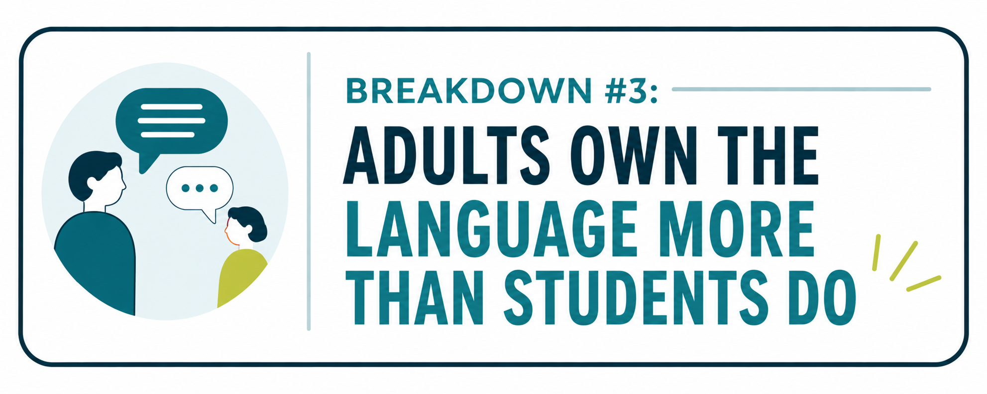 Graphic labeled 'Breakdown #3: Adults Own the Language More Than Students Do' with an illustration of two figures with speech bubbles.