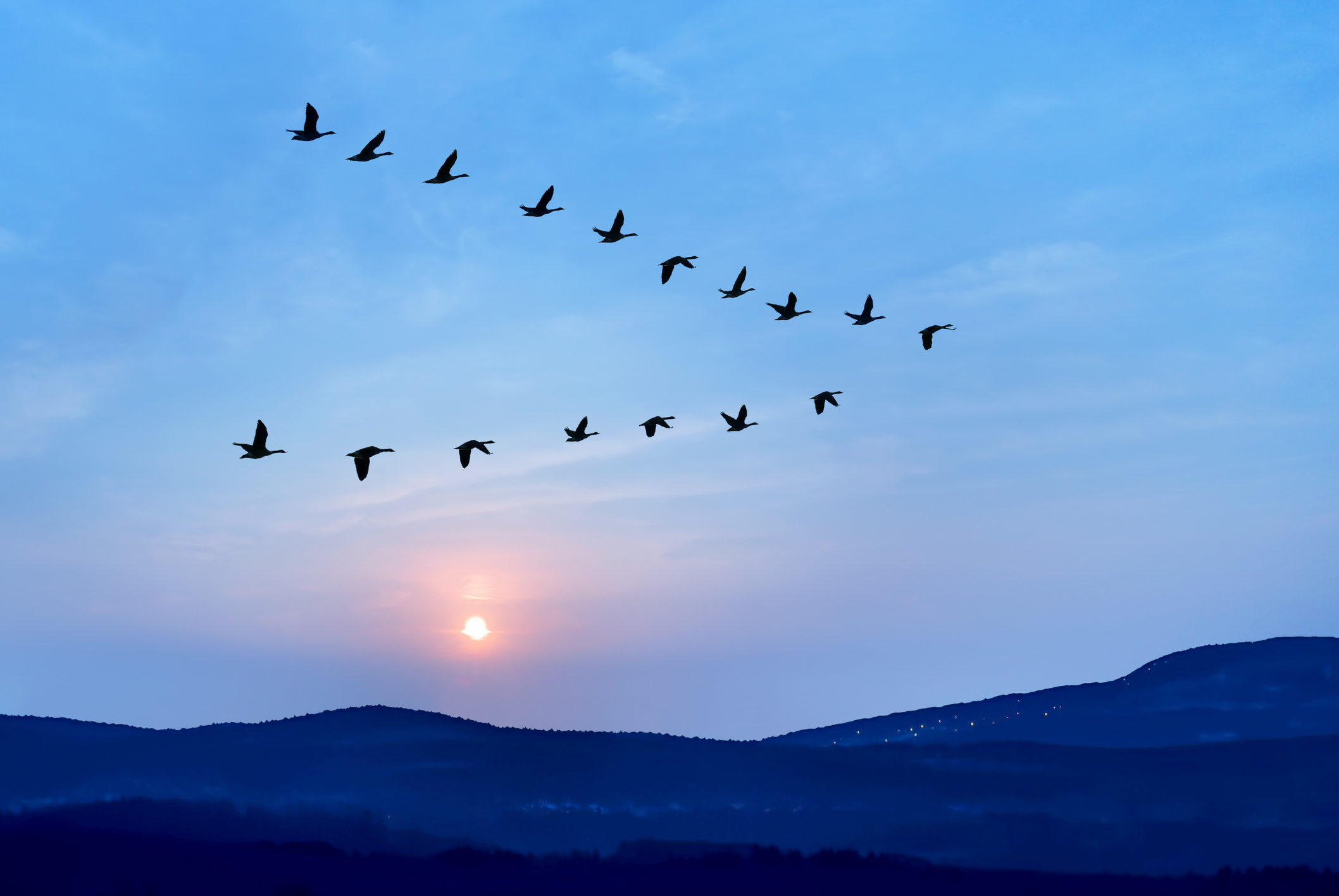 Two flocks of geese fly in formation across a twilight sky above silhouetted mountains as the sun sets.