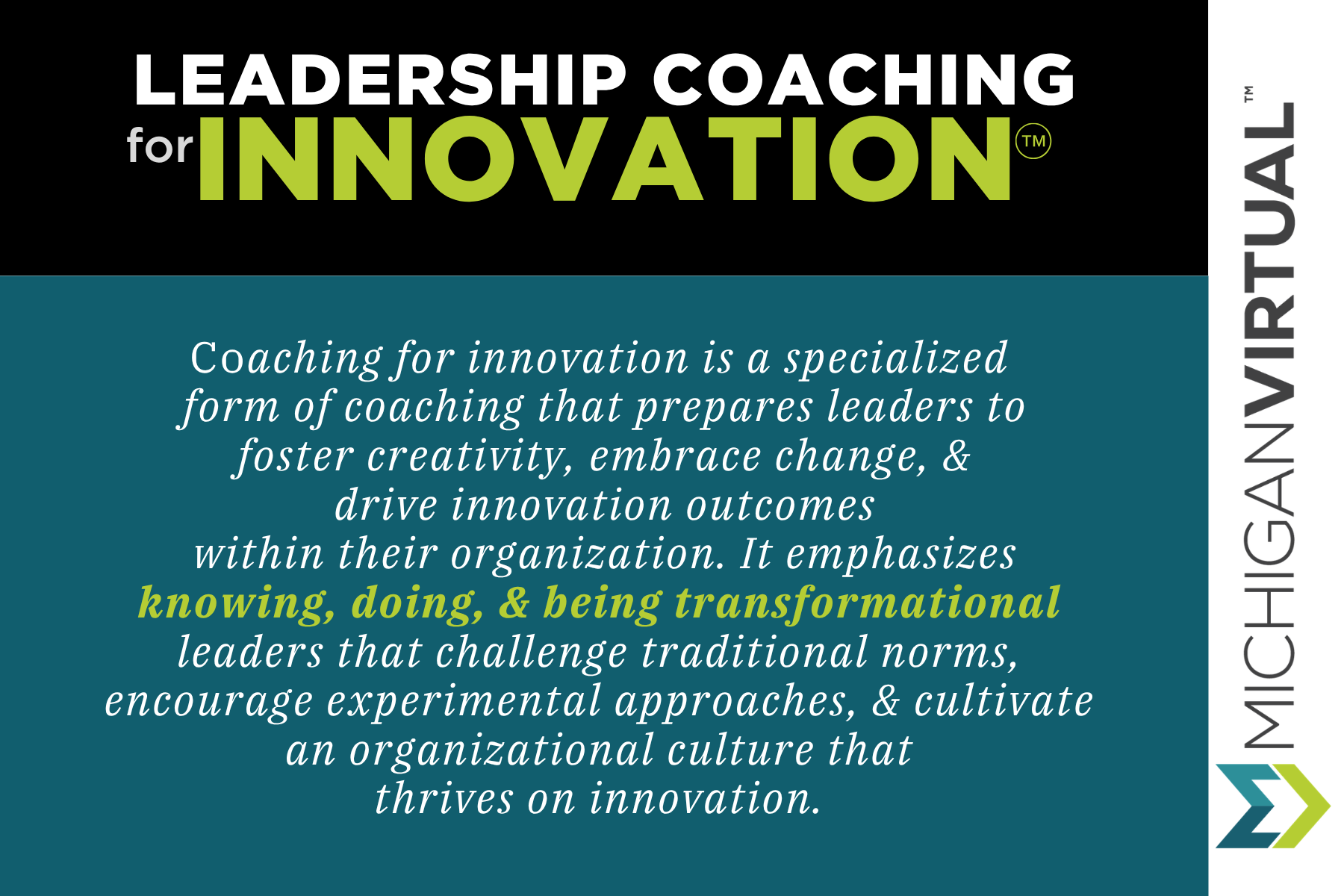 Infographic titled Leadership Coaching for Innovation. Text defines it as a specialized coaching form that helps leaders foster creativity and drive innovation by knowing, doing, and being transformational. Michigan Virtual logo included.