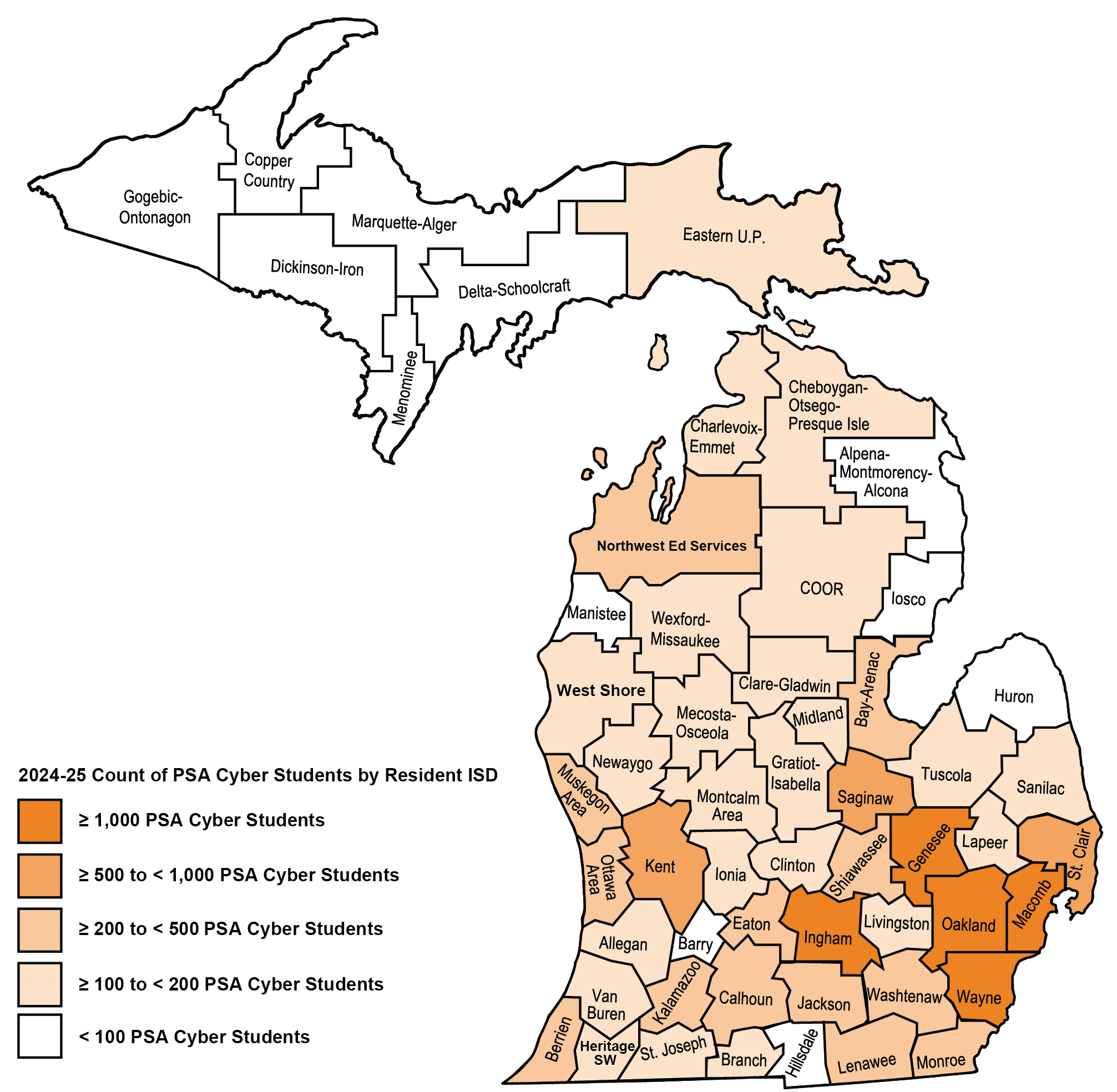 Choropleth map of Michigan showing the 2024-25 count of PSA cyber school students by resident Intermediate School District. Full data is available in the accompanying data table.