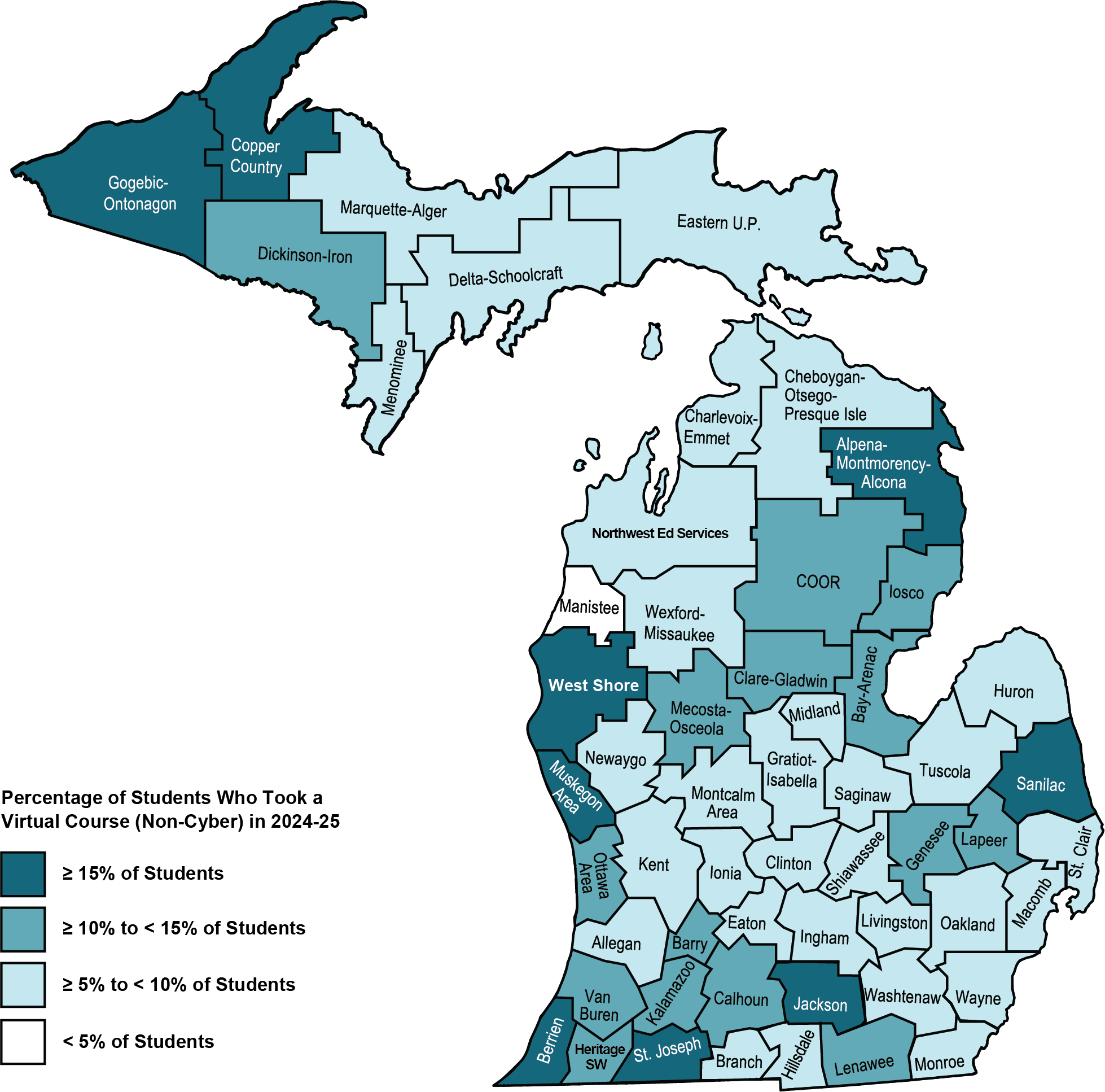 Choropleth map of Michigan showing the 2024-25 percentage of students who took a virtual (non-cyber) course in each Intermediate School District. Full data is available in the accompanying data table.