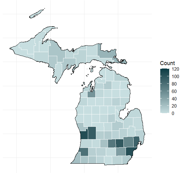 Map of Michigan showing enrollment counts for each county