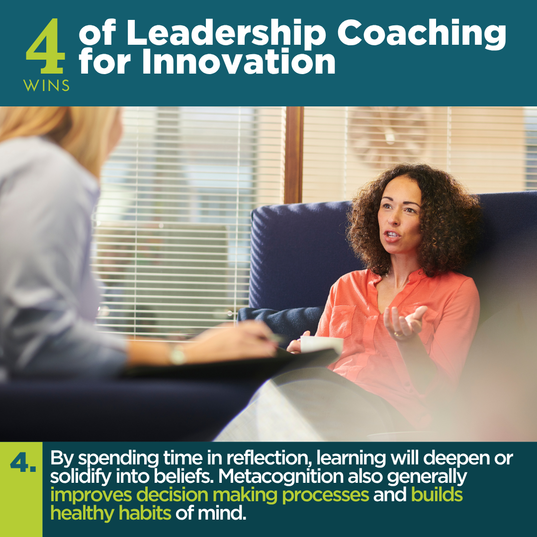 Slide 4 of 4 Wins of Leadership Coaching for Innovation. A woman gestures while talking with another person taking notes. Text reads reflection deepens learning, improves decisions, and builds healthy habits of mind.